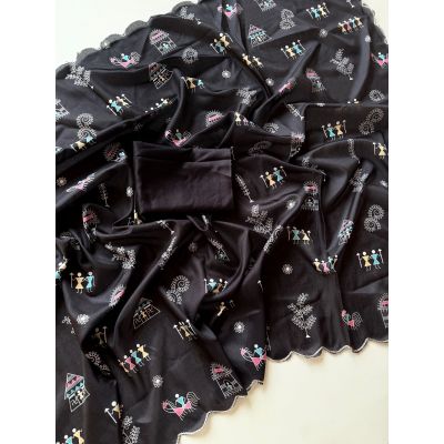 Vasundhara Tushar silk Digital Varli Print With Cut Work Saree