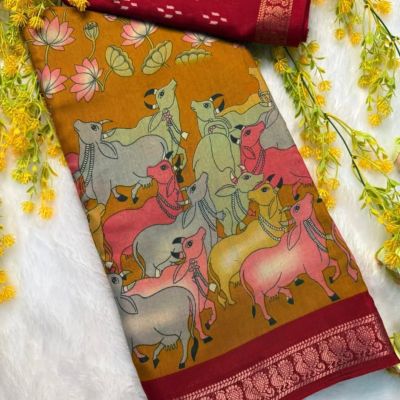 Sumitra Mushroom Silk Fancy Kalamkari Print Saree