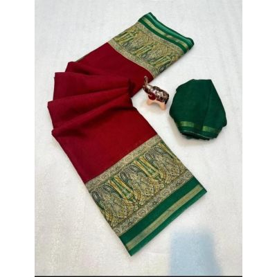 Mulmul Cotton Plain With Ajrakh Print Border Saree Collection 