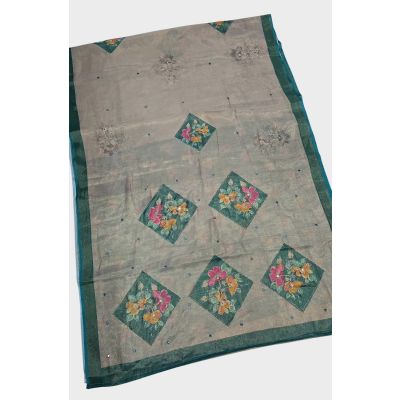 Shimmer Gold Zari Border Digital Print With Katha Work Saree Collection  