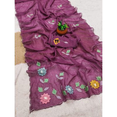 Rudra Crunchy Silk With Bengali Hand Work Designer Saree